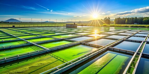 Algae farm producing bio fuel with sun shining on the green ponds , sustainable, energy, algae, farm, bio fuel