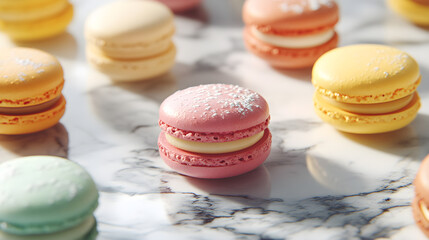 Obraz premium Coloré macarons exotiques sur la comptoir de marbre