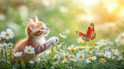 A playful kitten captivated by a colorful butterfly amidst blooming flowers in a sunlit meadow.
