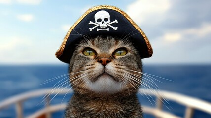 A playful pirate cat dons a classic captain's hat, ready to sail the seas with bold confidence and charm.