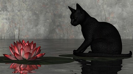 A serene scene featuring a black cat sitting near a blooming lotus flower, reflecting beauty and tranquility in nature.
