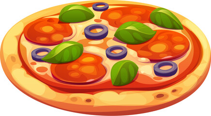 Cartoon fast food pizza topped with pepperoni, black olives, and fresh basil leaves on a golden crust. Isolated vector whole, round, delightful Italian pizza with melted cheese and rich tomato sauce