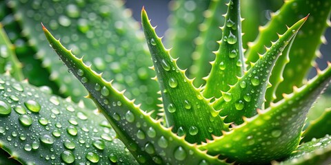 Fototapeta premium A close-up image of an aloe vera plant with water drops on its leaves, aloe vera, plant, succulent, green, leaves, water drops