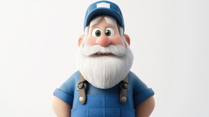 3D cartoon character of a man with a white beard in blue overalls displaying an expressive face set against a white background