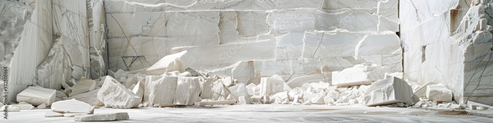 Poster capturing images of newly extracted white marble blocks prepared for processing