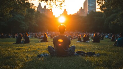 A tranquil scene of a city park where people from all walks of life are enjoying a peaceful day, embodying social peace