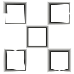 Distorted square frames. Shadowed abstract shapes. White background focus. Geometric vector concept.