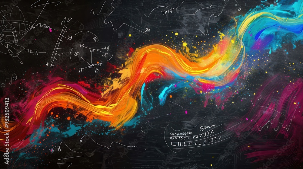 Leinwandbilder a chalkboard displays vibrant, sweeping waves of chalk strokes interwoven with scientific formulas a