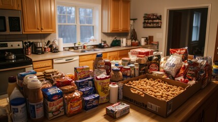 08081058 150 Parents help their teenager pack a care package for their first semester away, selecting snacks, toiletries, 