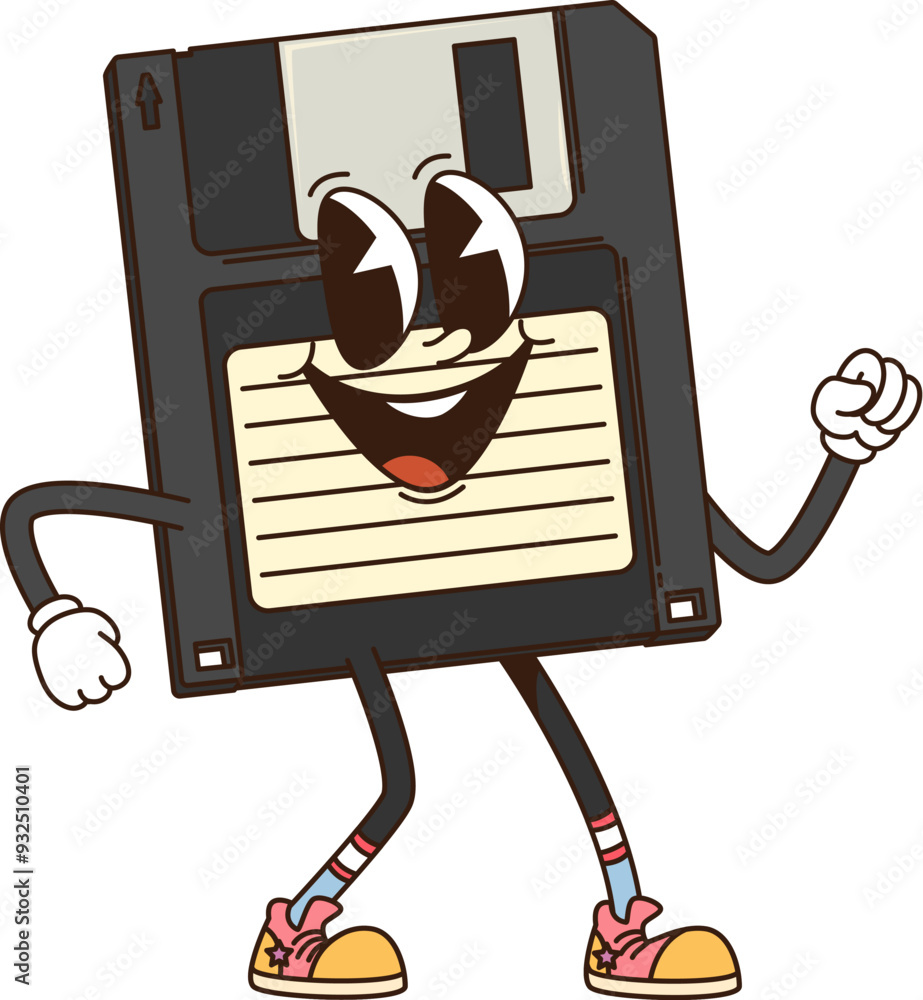 Aufkleber cartoon groovy computer diskette retro character. isolated vector vintage anthropomorphic floppy dis