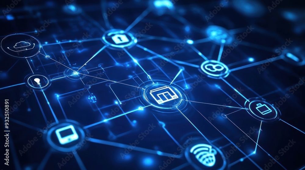 Poster global network of digital connections and iot devices in a futuristic interface