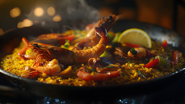 Paella espagnole avec riz au safran, fruits de mer et poivrons