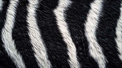 Close-up of black and white zebra fur texture with soft, fluffy hairs.