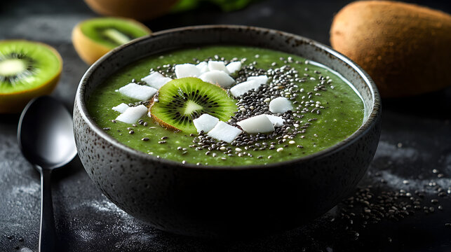Smoothie bowl sant&eacute; avec kiwi graines fie chia flocons de coco