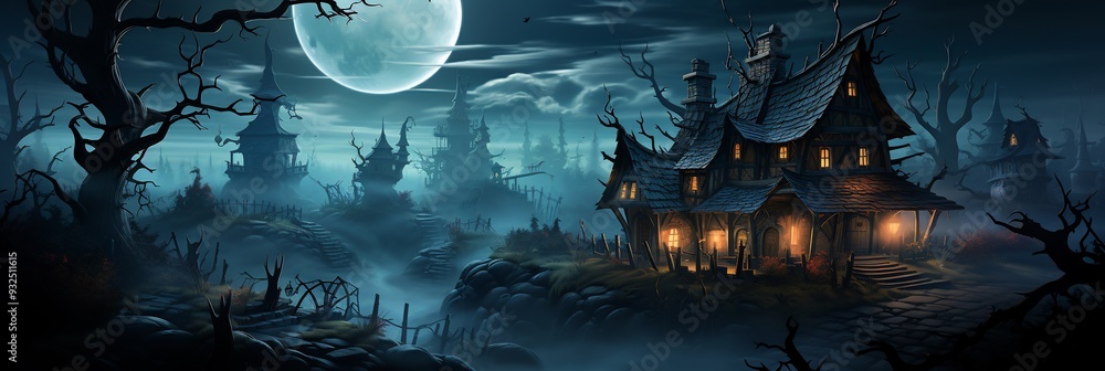 Poster halloween card showing witch cottage dark forest 3d glowing potion bubbling window 2d mist surroundi