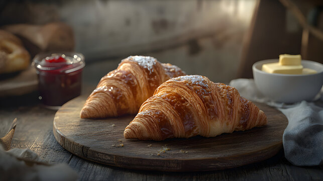 Beaux croissants fran&ccedil;ais sur table de bois raffin&eacute;