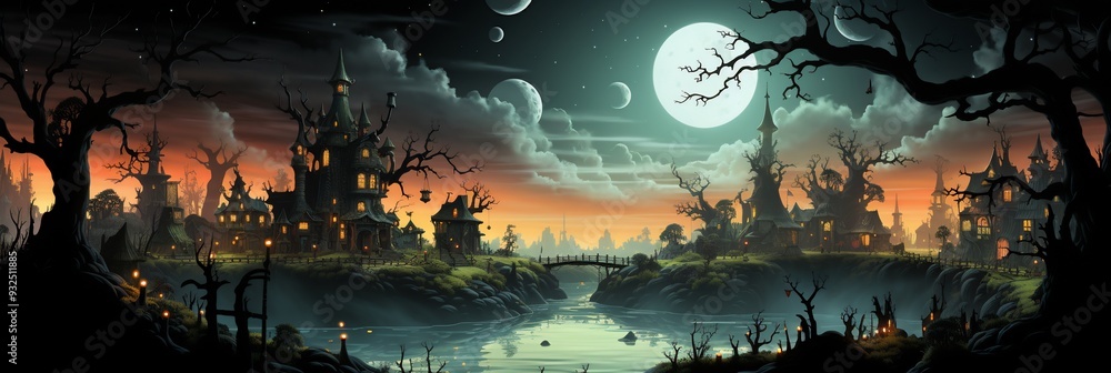 Poster halloween card showing witch cottage floating neonlit swamp 3d glowing potion bubbling window 2d dig