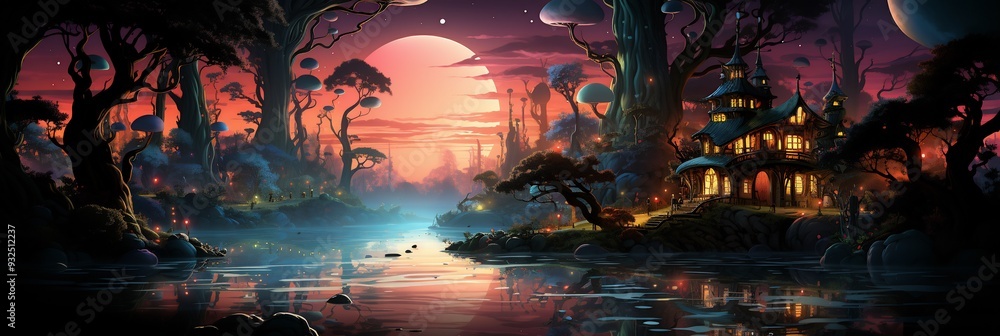 Poster halloween card showing witch cottage floating neonlit swamp 3d glowing potion bubbling window 2d dig