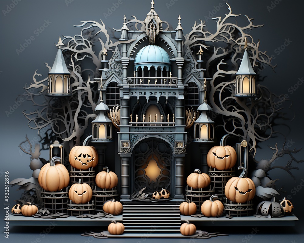 Poster halloween card where the bottom border is decorated with 3d tombstones and 2d ghostly mist leaving t