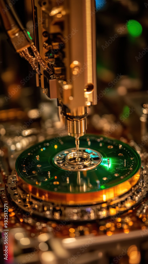 Poster a green and gold object is being worked on by a machine. the object is round and has a small hole in