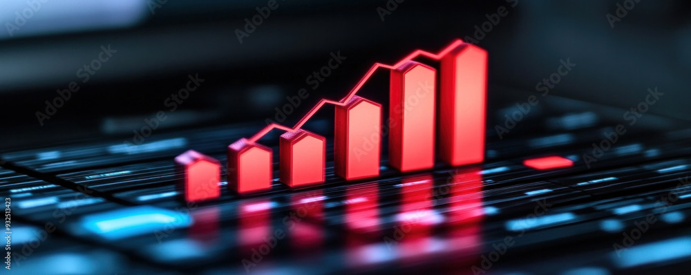 Poster a red line graph is displayed on a laptop screen. the graph is made up of five red bars, each of whi