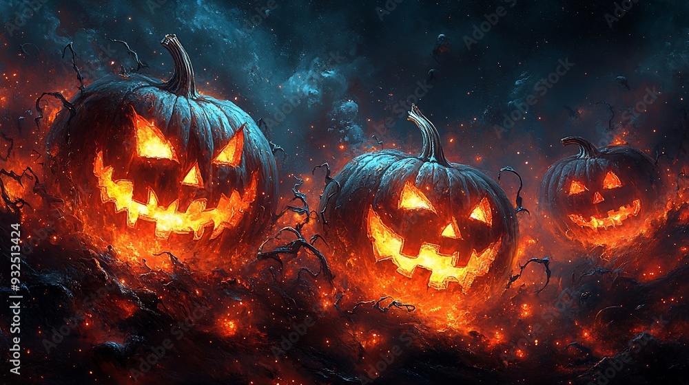 Poster halloween card where left border adorned 3d glowing jackolanterns and 2d ghostly vines that wrap aro