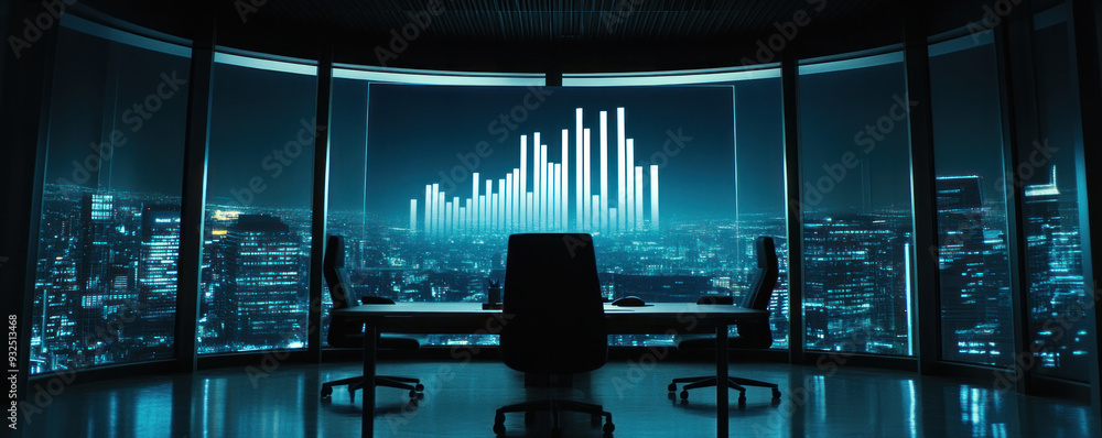 Aufkleber a view of a city from a high-rise office with a large monitor showing a graph. the office is empty, 