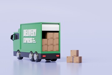 3D Green Truck delivery express back door open with parcel box delivery icon on isolated purple background. Online shopping or E-commerce concept. Minimal Cartoon Van truck logistic icon. 3d render.
