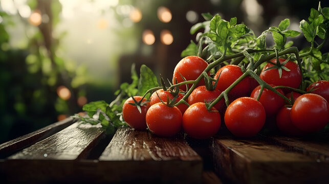 Frais l&eacute;gumes de tomates sur arbuste de bois verdoyant