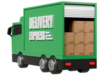 3D Green Truck delivery express back door open with parcel box delivery icon on isolated purple background. Online shopping or E-commerce concept. Minimal Cartoon Van truck logistic icon. 3d render.