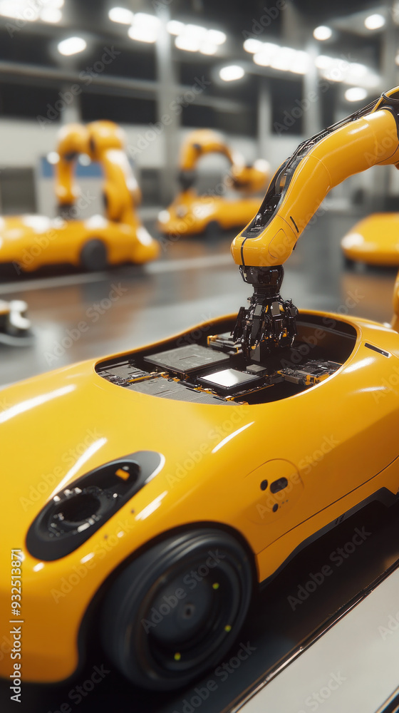 Poster a yellow car is being built by a robot. the car is a prototype and is being constructed in a factory