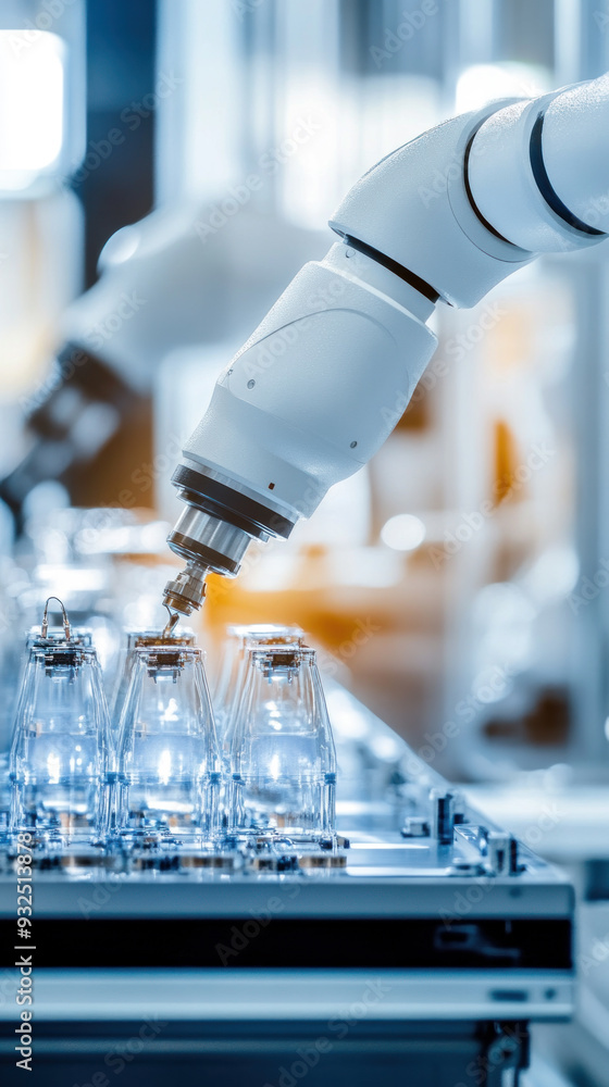 Poster a robot is working on a line of glassware. the robot is white and has a blue light on its head. the 