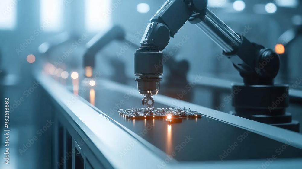 Poster a robot is working on a piece of machinery. the robot is surrounded by other robots, and the machine