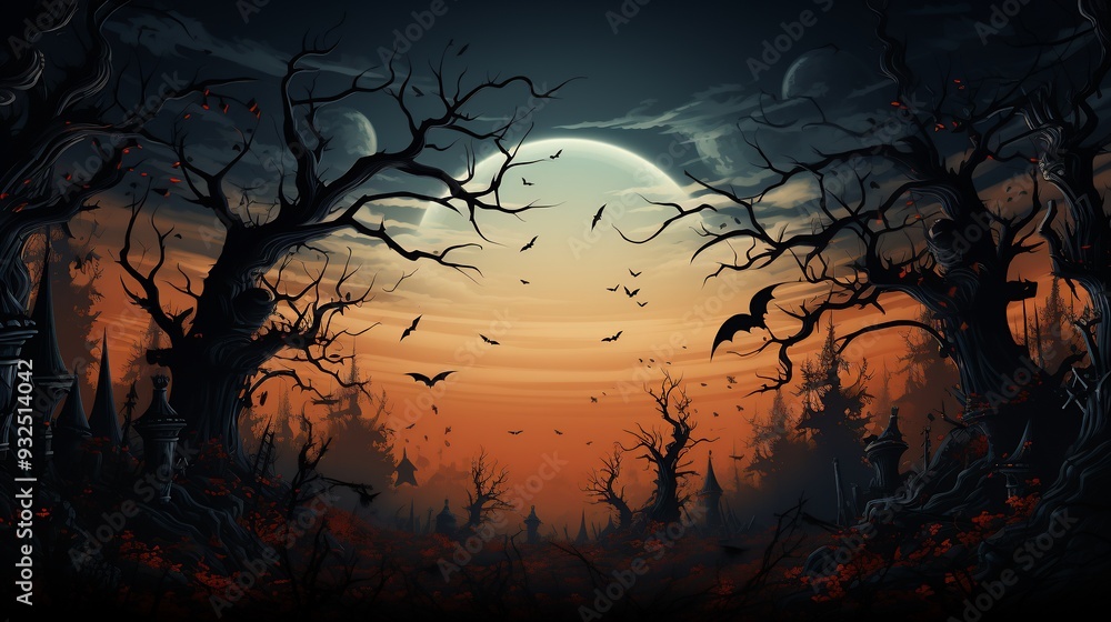 Poster halloween card where the right border is lined with 3d haunted trees and 2d bats flying through the 
