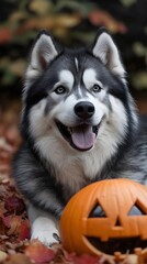 Obraz premium Mysterious Alaskan Malamute Dressed in Halloween Costume Surrounded by Autumn Nature Spooky and Eerie Supernatural Scene in Snowy Alaskan Landscape