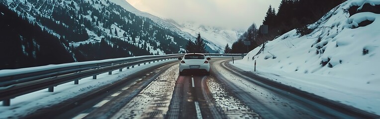Car on the road in mountains. Panoramic view of the highway.