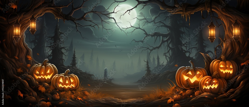 Poster halloween card with 3d glowing jackolanterns on the left border and 2d ghostly mist covering the edg