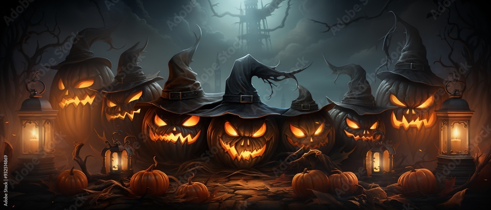 Poster halloween card with 3d glowing jackolanterns on the left border and 2d ghostly mist covering the edg