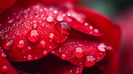 Close-up of dew drops on a red rose petal.