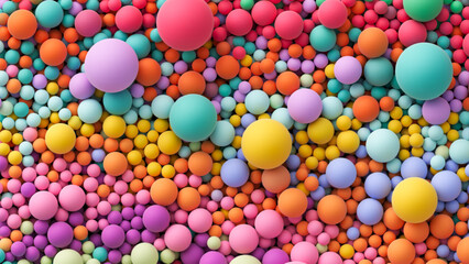 Many bright random pastel colored soft balls background. Colorful balls background for kids zone or children's playroom. Top view of huge pile of colorful balls in different sizes. Vector illustration
