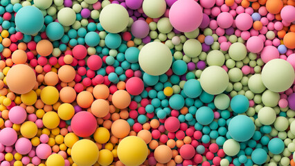 Many bright random pastel colored soft balls background. Colorful balls background for kids zone or children's playroom. Top view of huge pile of colorful balls in different sizes. Vector illustration