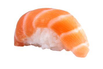 piece of rice nigiri sushi with raw salmon macro isolated from front