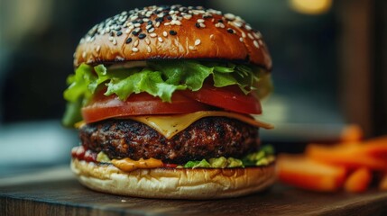 Tasty Vegan Burger with Plant-Based Patty, Avocado, Lettuce, and Tomato - Delicious Plant-Based Food Concept
