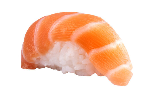 piece of rice nigiri sushi with raw salmon macro isolated from front