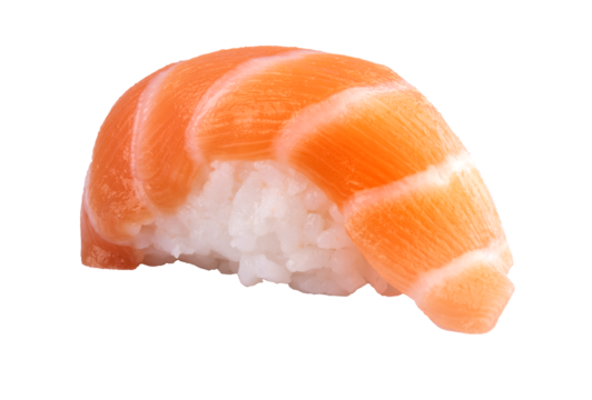 piece of rice nigiri sushi with raw salmon macro isolated from front