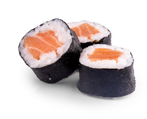 serving of three pieces of sushi roll with salmon and rice and seaweed isolated