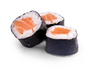 serving of three pieces of sushi roll with salmon and rice and seaweed isolated