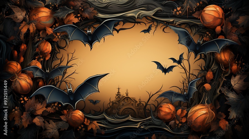 Poster halloween card with a 3d castle on the left border and 2d flying bats around the edges leaving the e