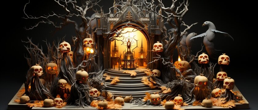 Halloween card with a 3D floating book of spells in the top right corner with 2D pages flipping across the border leaving the entire left side blank for writing creating a magical and open space