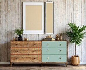 mock-up poster frame on vintage chest of drawers interior